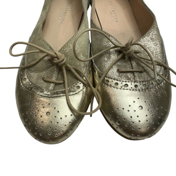 Ballerina‎ Gold Tone Metallic Leather Wingtip Loafer Flats, 7 - Picture 4 of 11